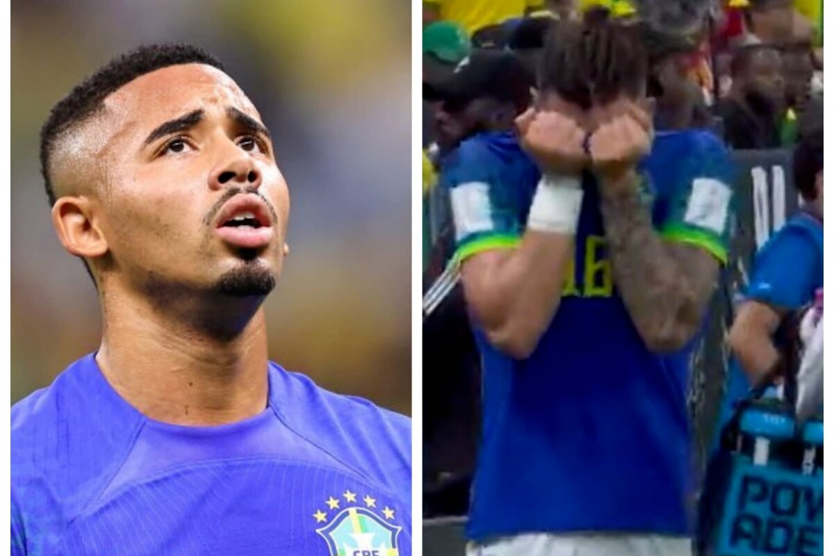 Gabriel Jesus olhando pro céu e Alex Telles chorando, ambos com camisa azul da seleção