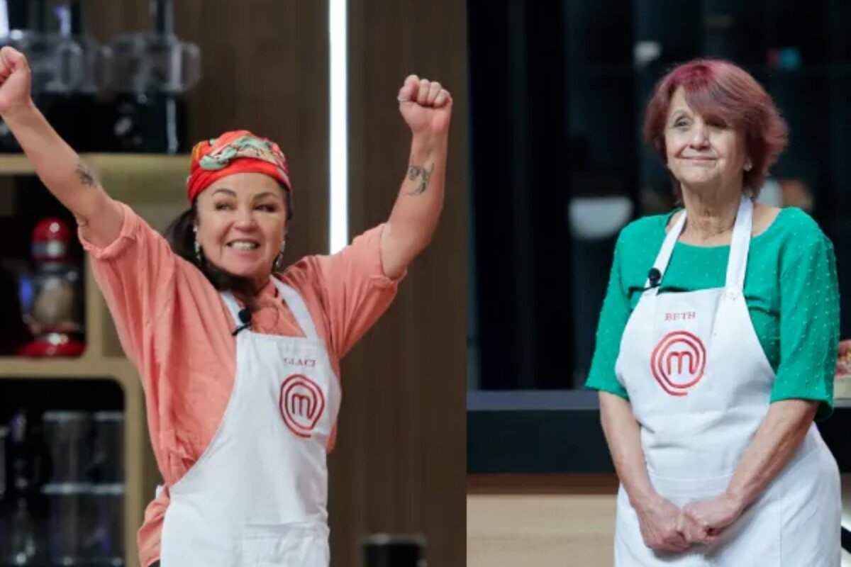 Glaci e Beth de avental do Masterchef, no estúdio do programa