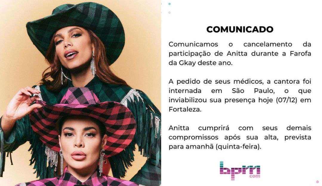 Anitta é internada pela segunda vez e cancela participação na “Farofa da Gkay”