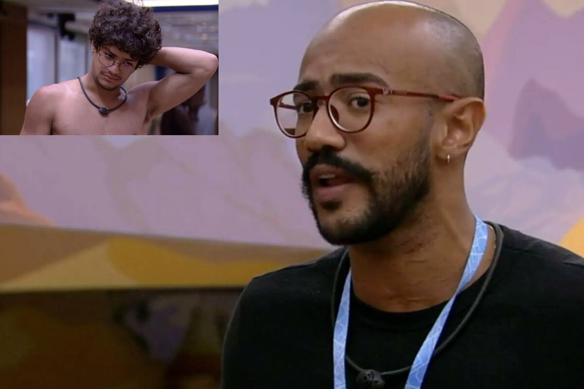 BBB23 Ricardo de camisa preta e colar do anjo; Gabriel Santana no detalhe, sem camisa