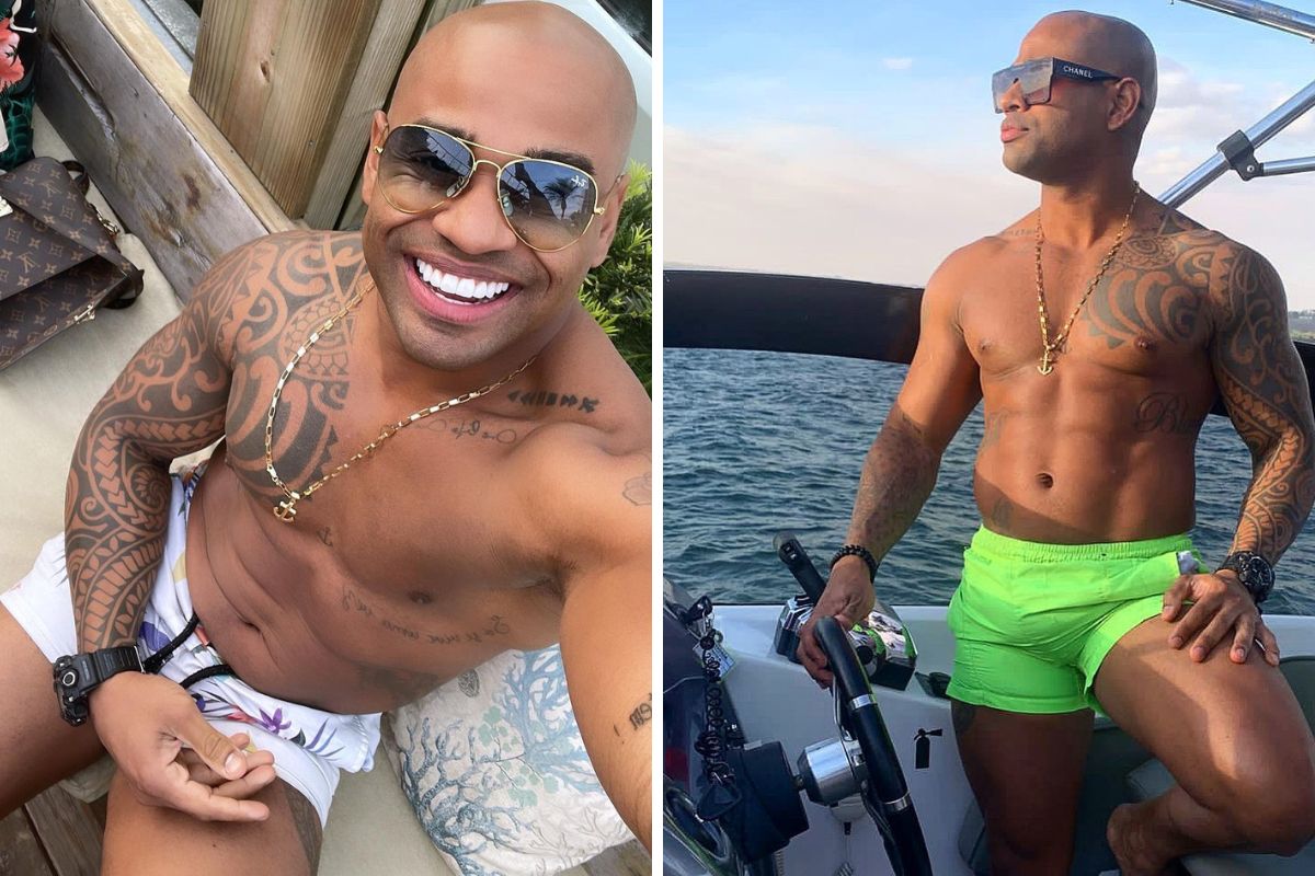 Cezar, participante do grupo Pipoca, sem camisa, de óculos escuros e short verde