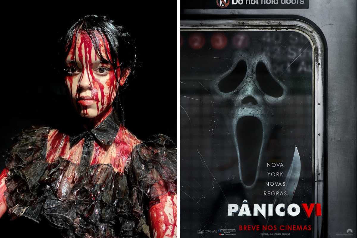 Fotomontagem de Jenna Ortega suja com tinta vermelha em Wandinha e Cartaz de Pânico 6