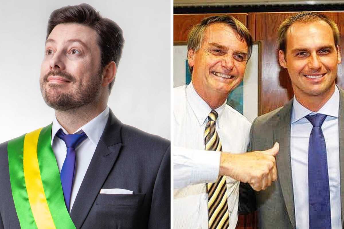 fotomontagem de retratos de danilo gentili e de jair bolsonaro com o filho eduardo