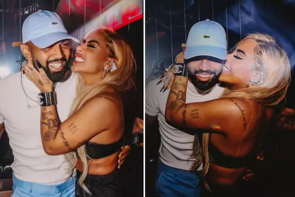 Gabigol de boné azul e camisa branca abraçado a e Rafaella Santos, de cropped preto
