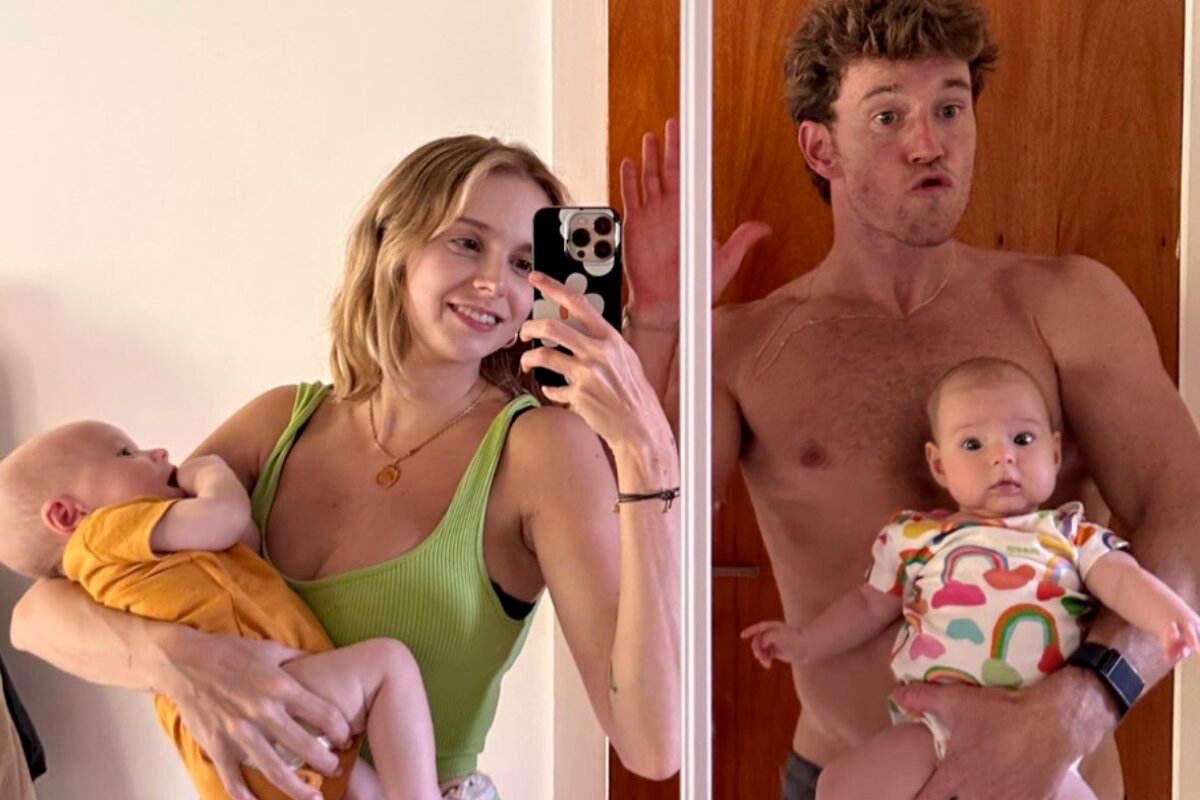 Isa Scherer e o marido com os filhos no colo