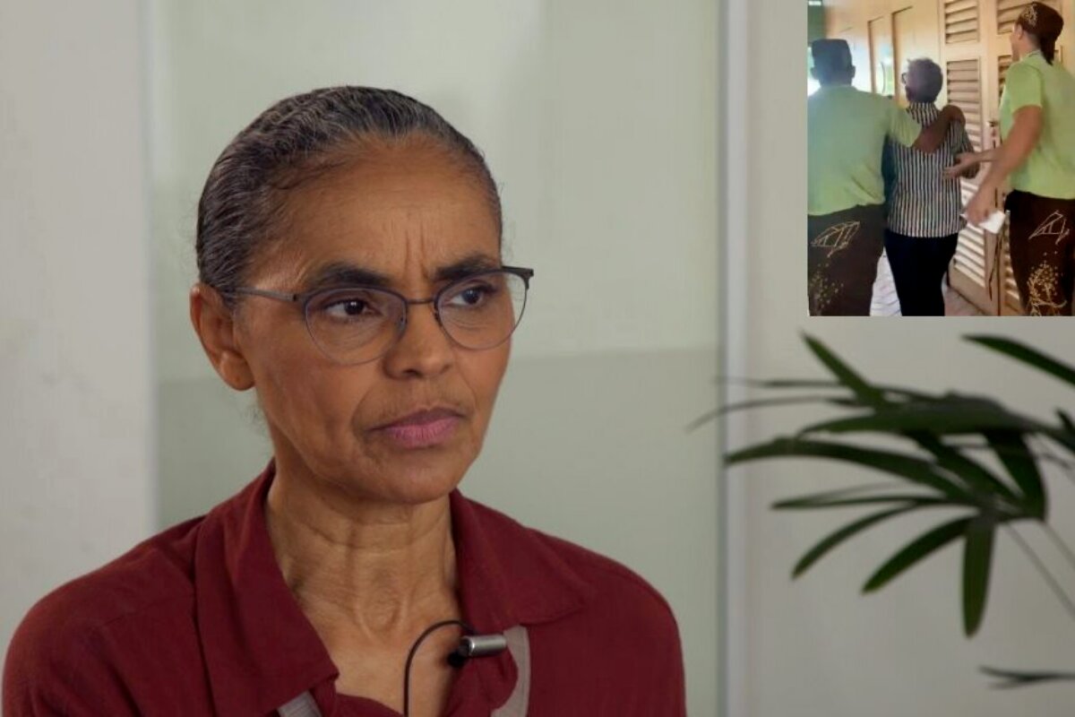 Marina Silva de vermelho, e, no detalhe, mulher sendo conduzida por duas pessoas, todos de costas