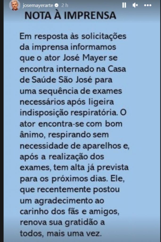 Post no Instagram de José Mayer, informando sobre sua internação