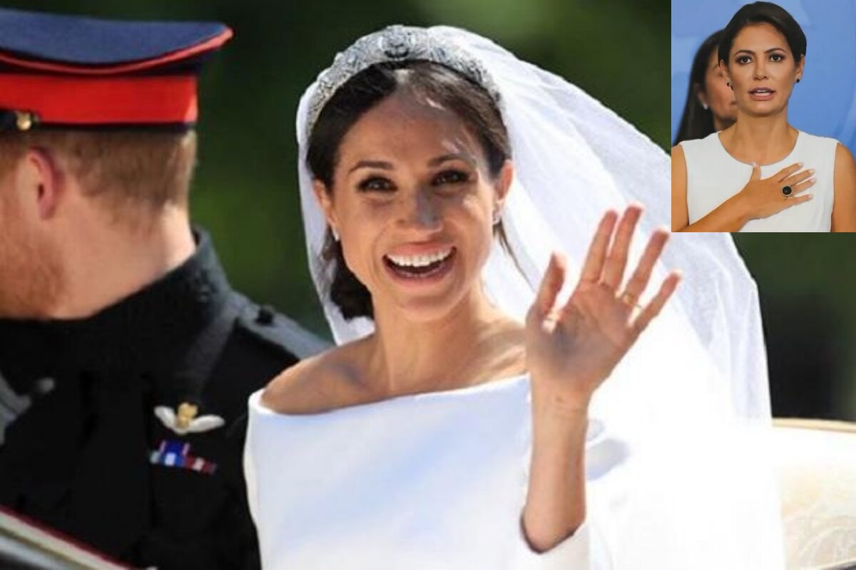 Meghan Markle saudando o público na saída do casamento, Michelle Bolsonaro no detalhe