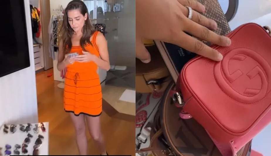 Deborah Secco é flagrada separando bolsas luxuosas para desapego