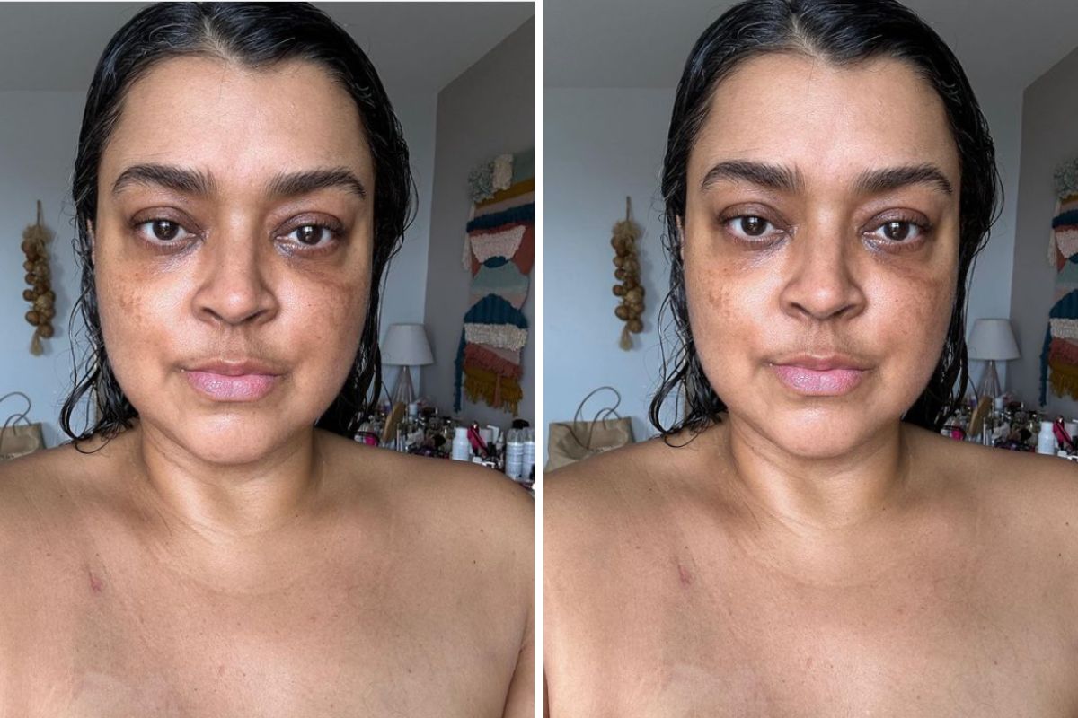 Preta Gil sem maquiagem e sem blusa