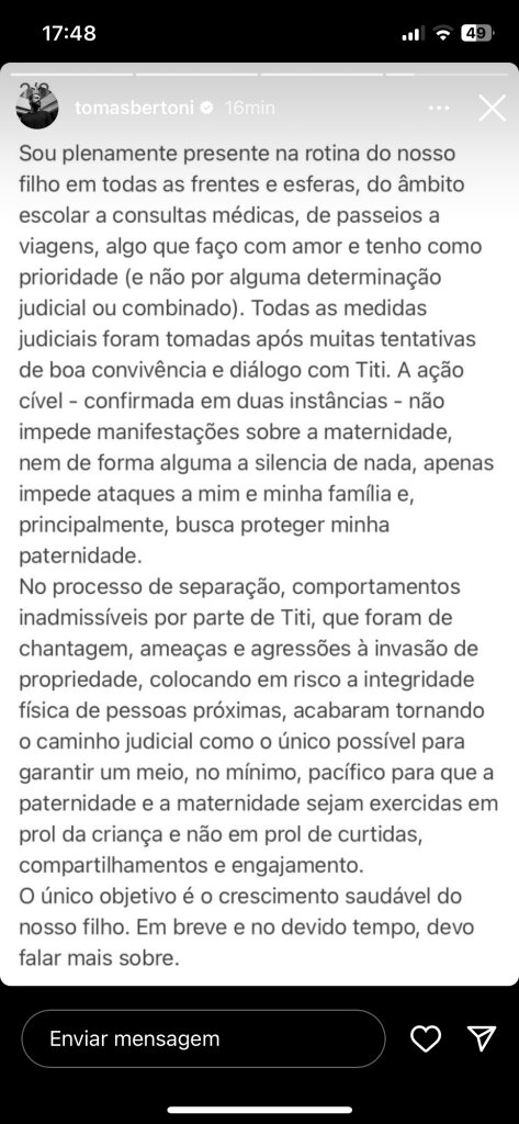 Comunicado de Tomás Bertoni no Instagram. Foto: Reprodução/Instagram/@tomasbertoni