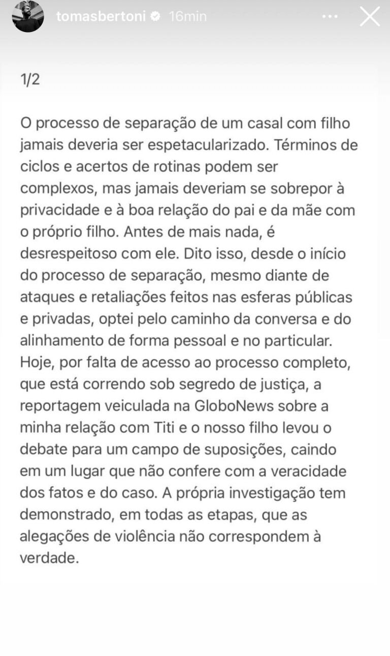 Comunicado de Tomás Bertoni no Instagram. Foto: Reprodução/Instagram/@tomasbertoni