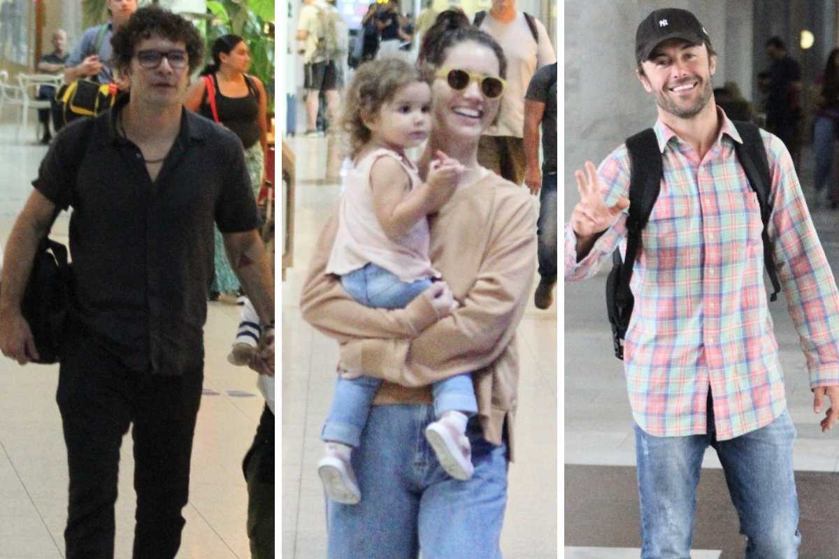 Fotomontagem de Daniel de Oliveira, Nathalia Dill e Kayky Brito no aeroporto Santos Dumont