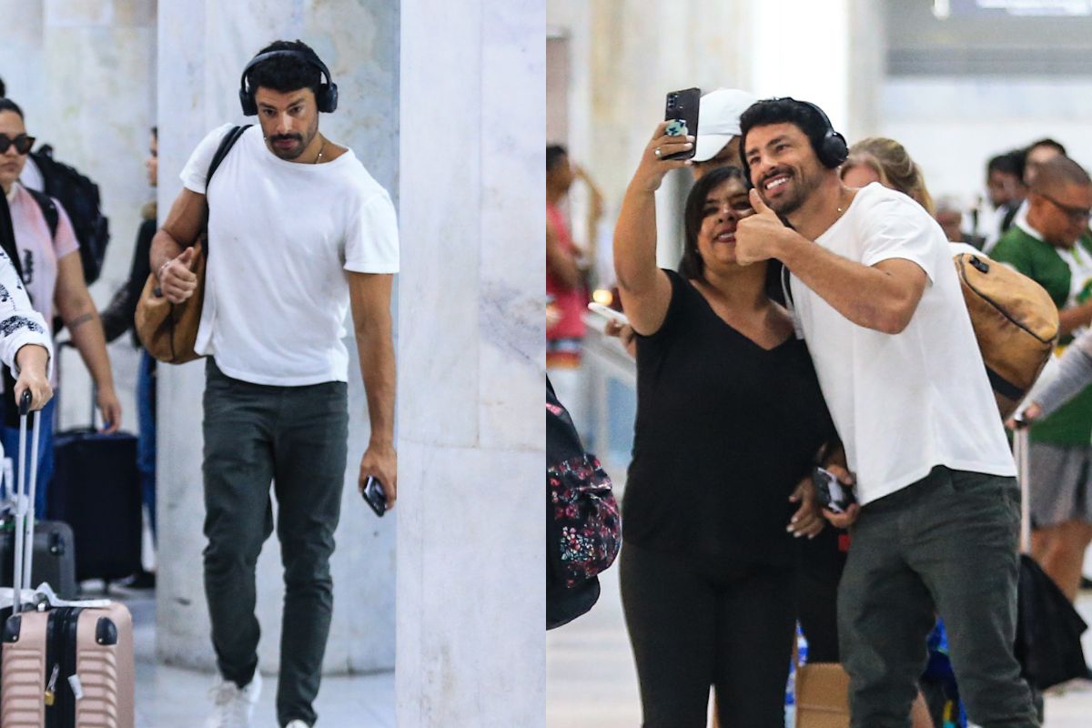 Cauã Reymond desembarca no aeroporto do Rio de Janeiro