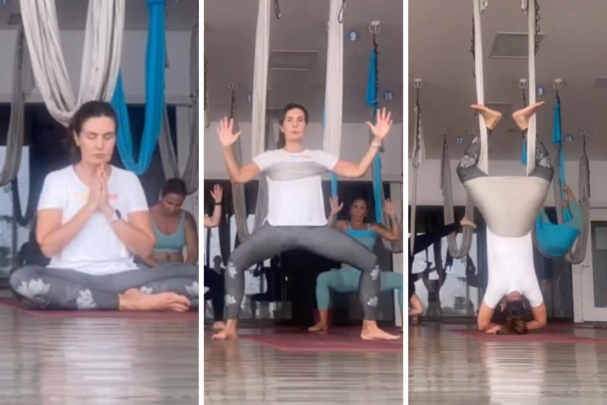 Fátima Bernardes durante aula de aeroyoga
