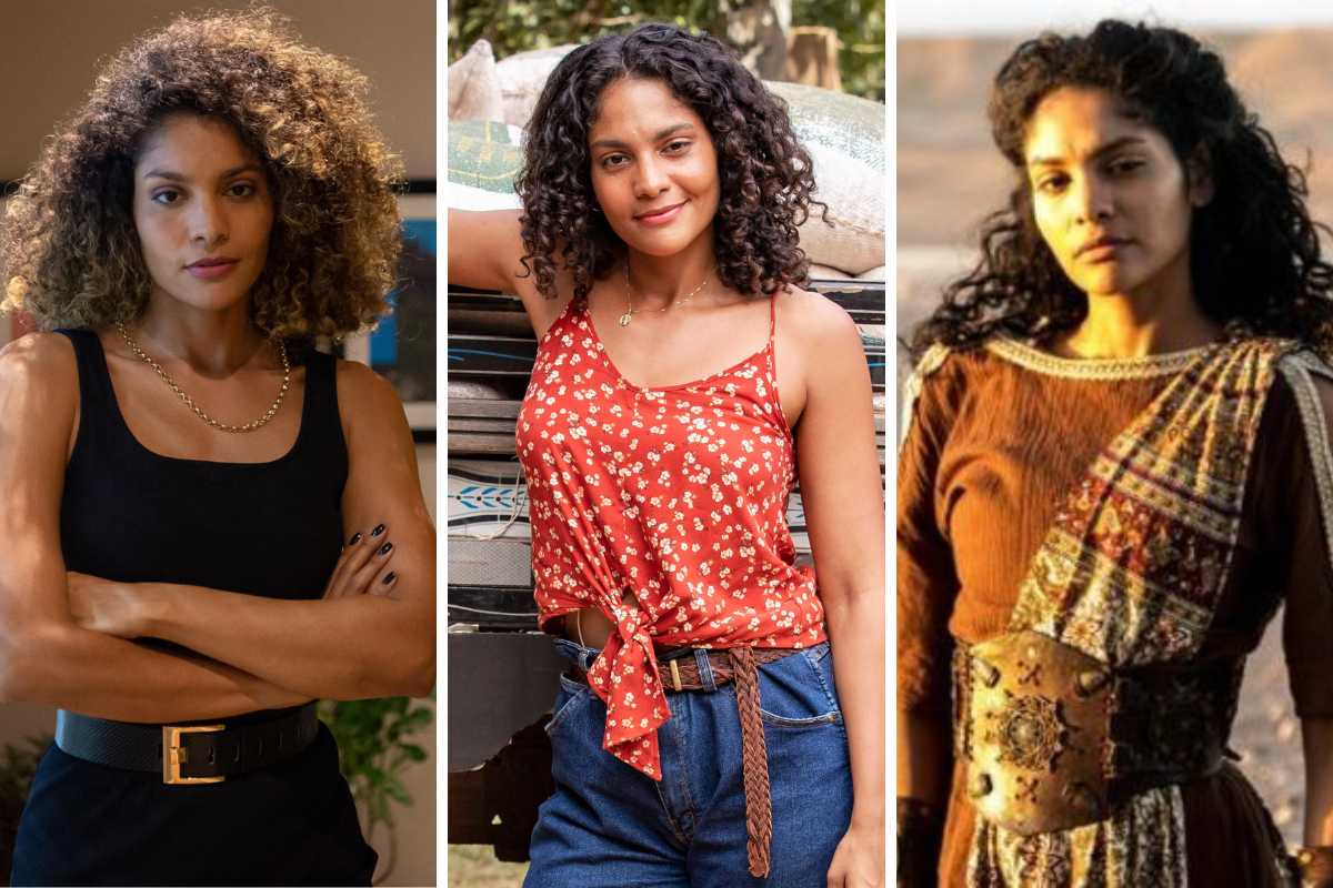 fotomontagem de bárbara reis como débora em todas as flores, aline em terra e paixão e susana em jesus