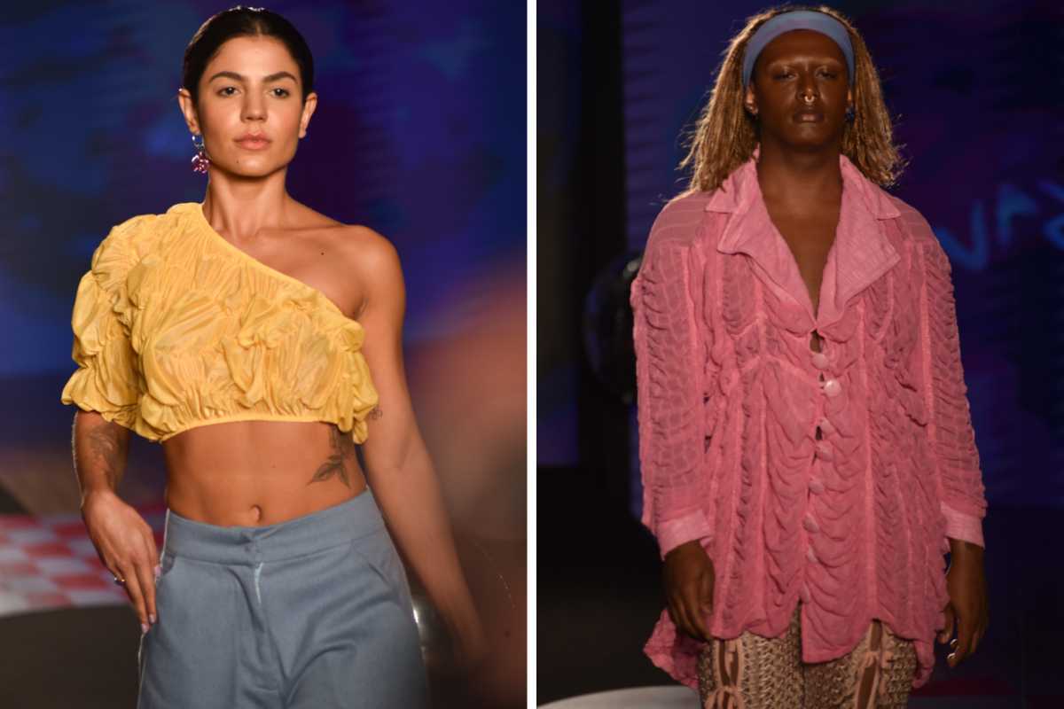 Fotomontagem de Hariany Almeida e Liniker desfilando pela Mnisis na São Paulo Fashion Week