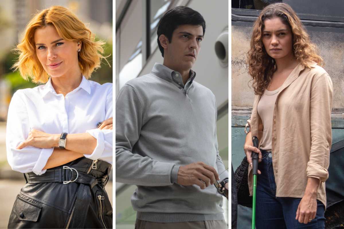 fotomontagem de lumiar (carolina dieckmann) em vai na fé, félix (mateus solano) em amor à vida e maíra (sophie charlotte) em todas as flores
