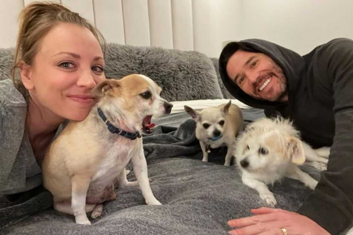 Kaley Cuoco com o marido e seus pets