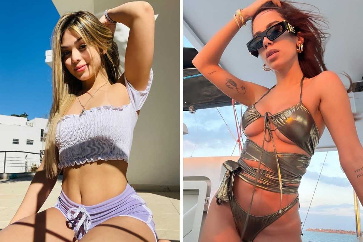 fotomontagem de melody e anitta posando com a mão atrás da cabeça