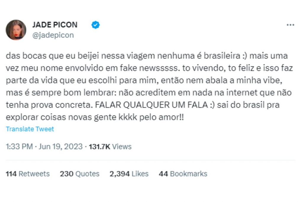 jade picon falando de beijo na boca