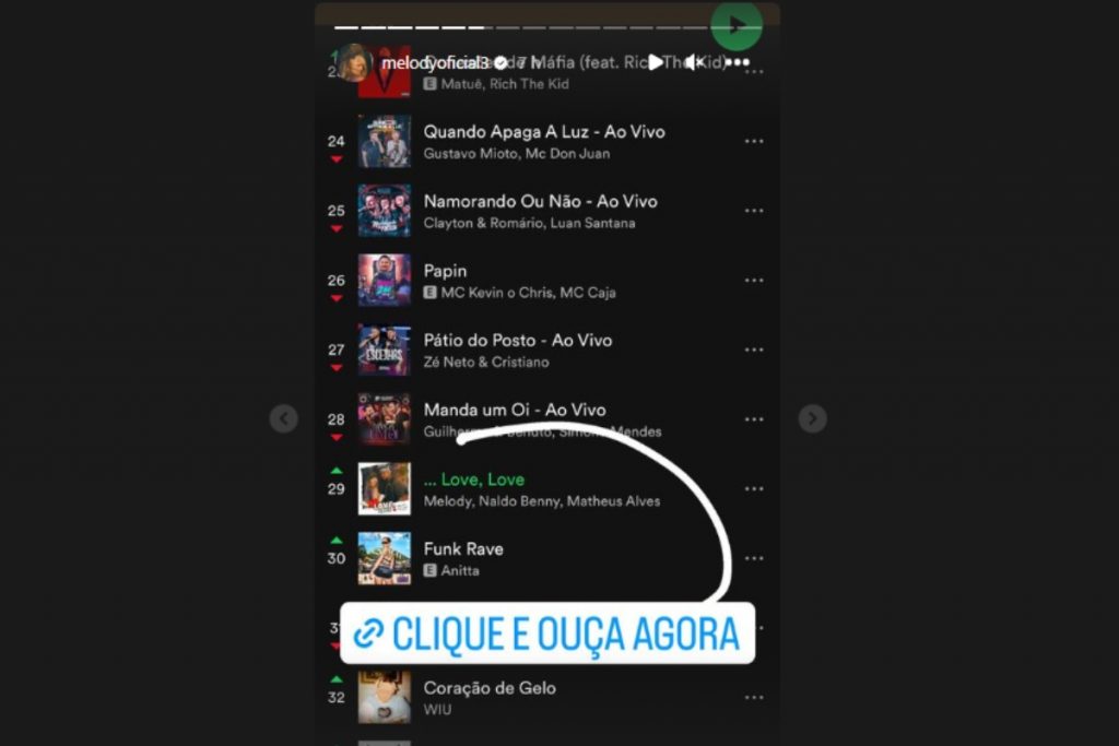 stories de melody com print do top 50 spotify brasil