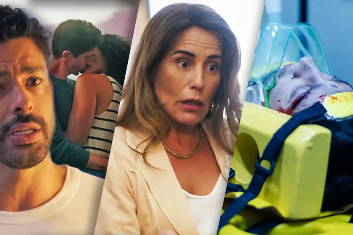 fotomontagem de caio vendo beijo de aline e daniel, irene chocada e daniel em acidente