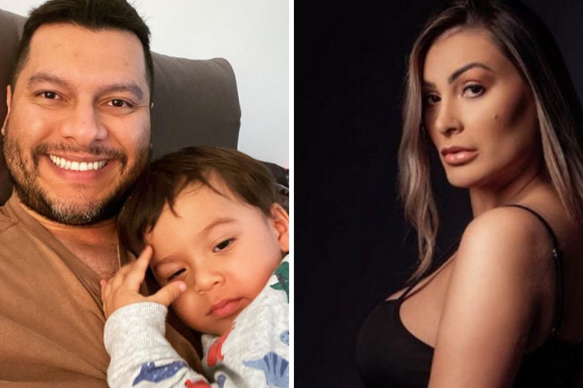 Fotomontagem de Thiago Lopes com Leon no colo e Andressa Urach