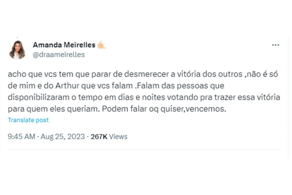 amanda meirelles se defendendo sobre ganhar o bbb23