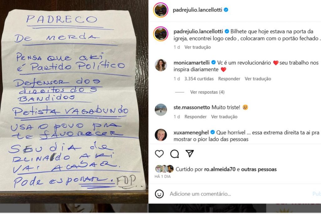 Post do Padre Julio Lancelotti com bilhete que o ameaçava