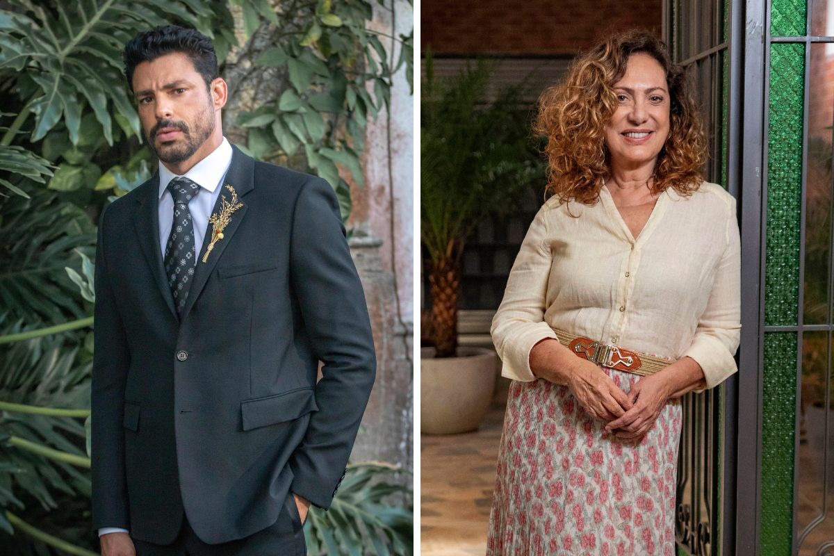 Caio (Cauã Reymond) e Agatha (Eliane Giardini) em Terra e Paixão