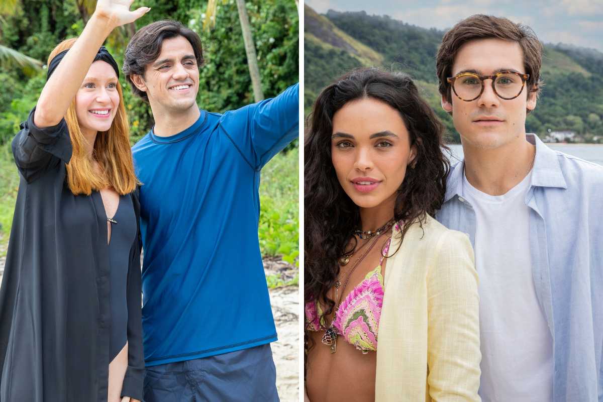 fotomontagem de preciosa (marina ruy barbosa) e heitor (felipe simas) e luna (giovana cordeiro) e miguel (nicolas prattes) em fuzuê