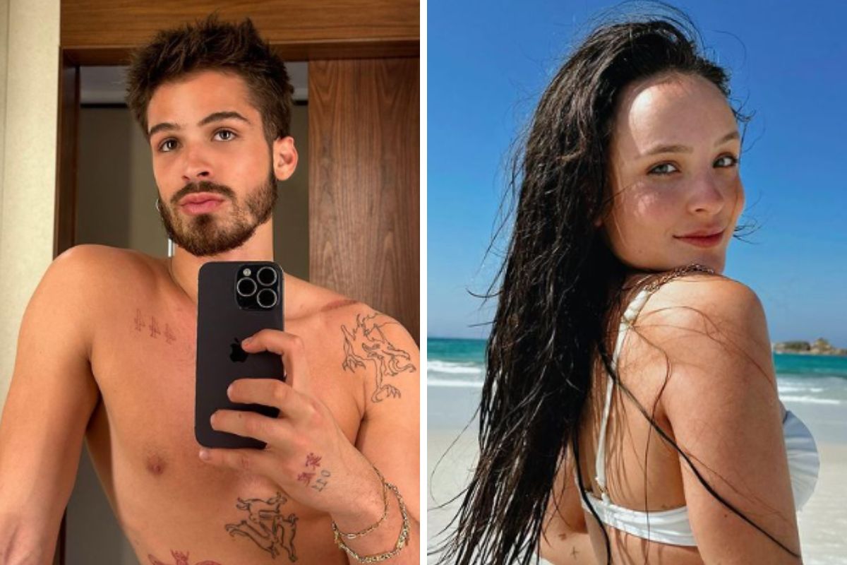 João Guilherme sem camisa e Larissa Manoela na praia