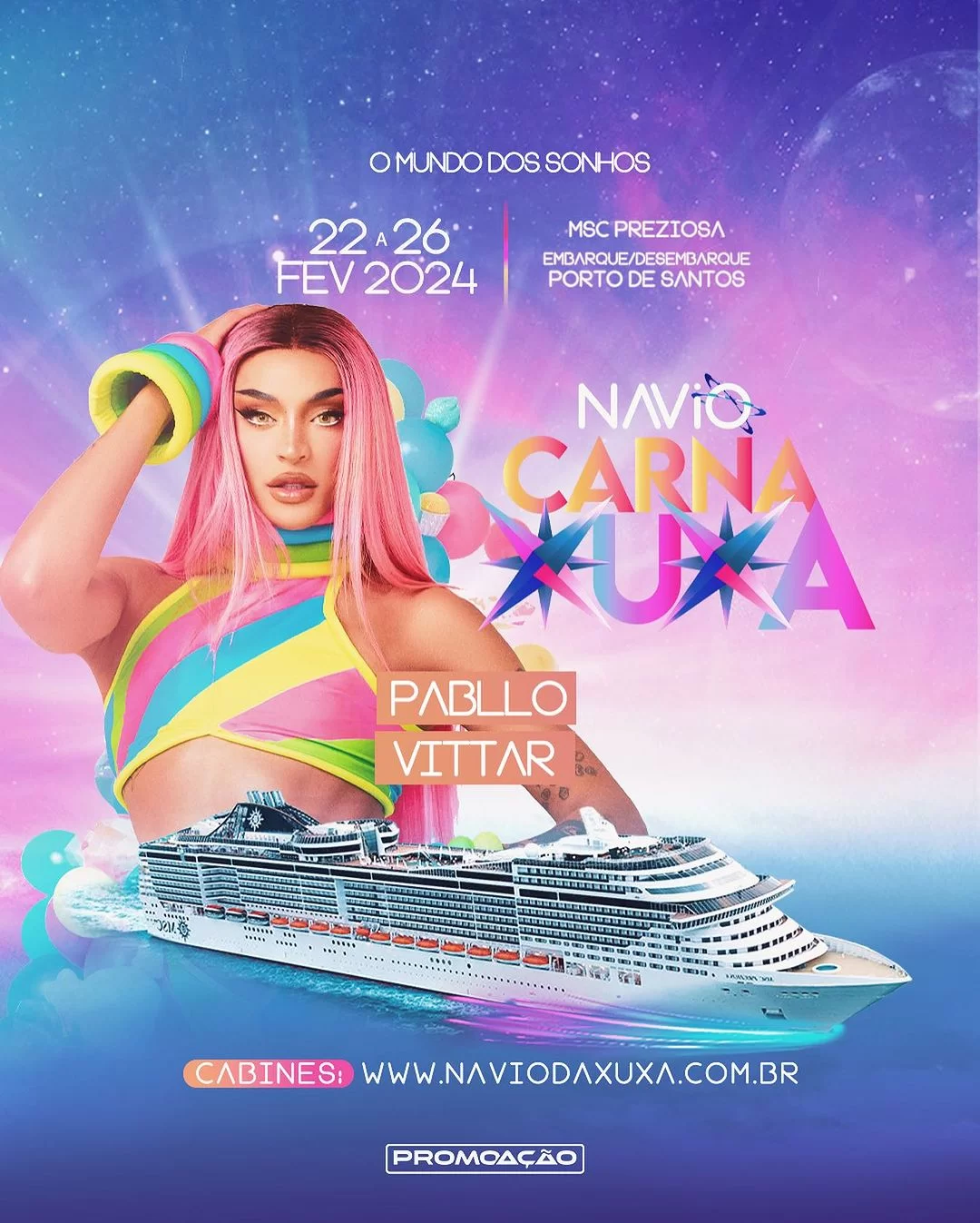 Pabllo Vittar é a segunda atração confirmada no “Carna Xuxa” (Foto: reprodução/Instagram/@naviodaxuxa) Lorena Bueri