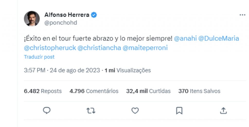 Post de Alfonso Herrera no Twitter