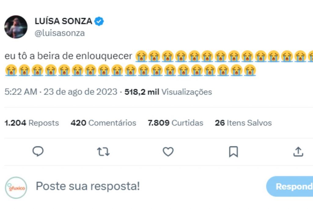 Post de Luísa Sonza dizendo que vai enlouquecer