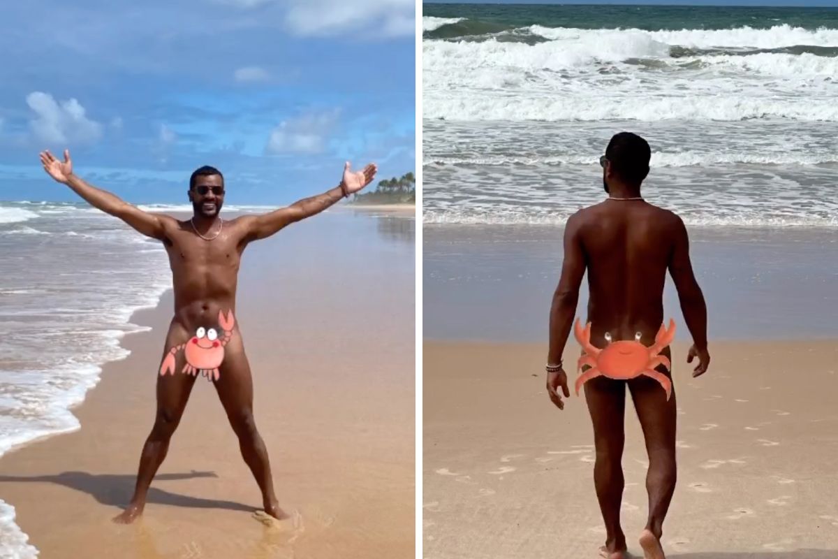 Samuel de Assis em praia de nudismo
