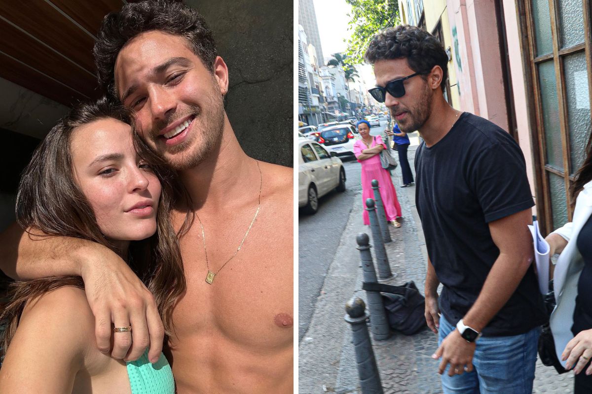 Larissa Manoela e André Luiz Frambach abraçados (esquerda); André saindo da Delegacia de Crimes Raciais e Delitos de Intolerância (direita)
