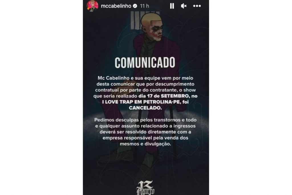 mc cabelinho justificando cancelamento