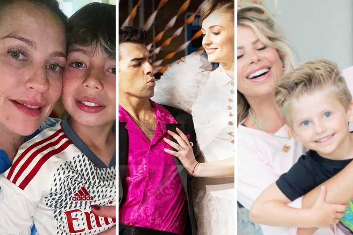 fotomontagem de luana piovani e karina bacchi com os filhos e joe jonas com sophie turner