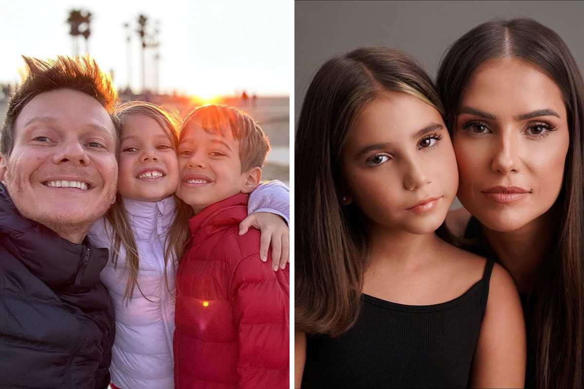 fotomontagem de michel teló com os filhos e deborah secco com a filha