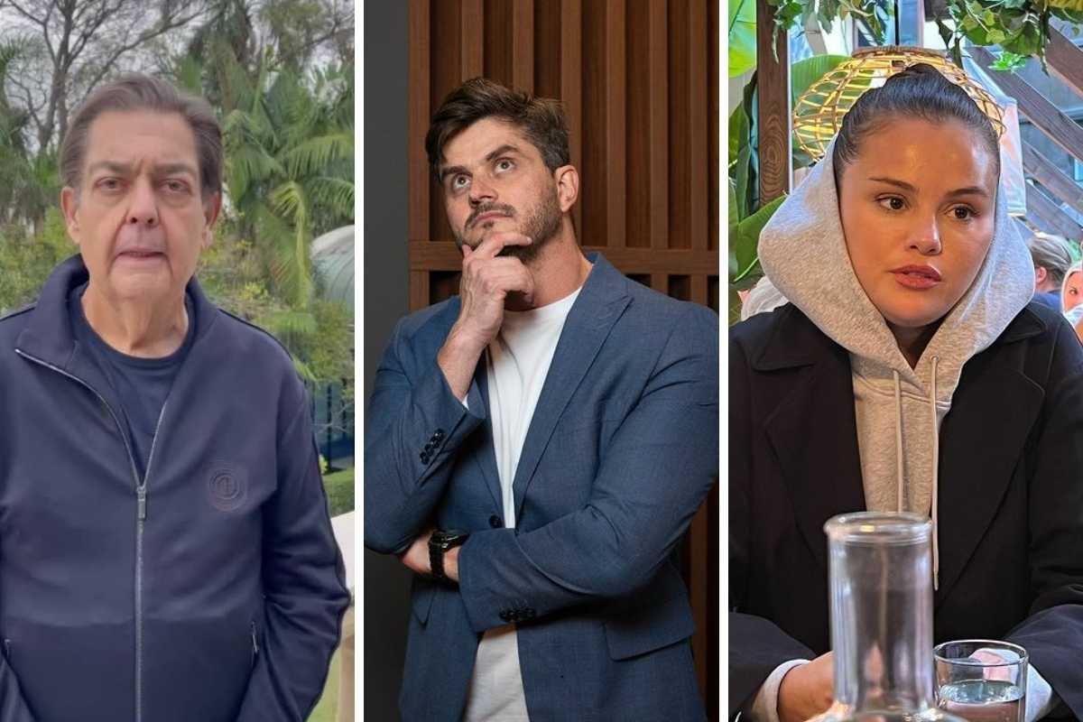 fotomontagem de retratos de faustão, marcos harter e selena gomez