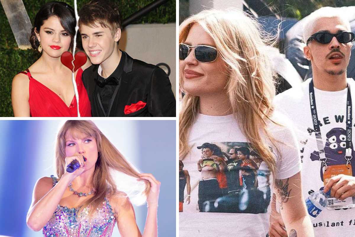 fotomontagem de selena gomez com justin bieber, taylor swift cantando e luísa sonza com chico moedas