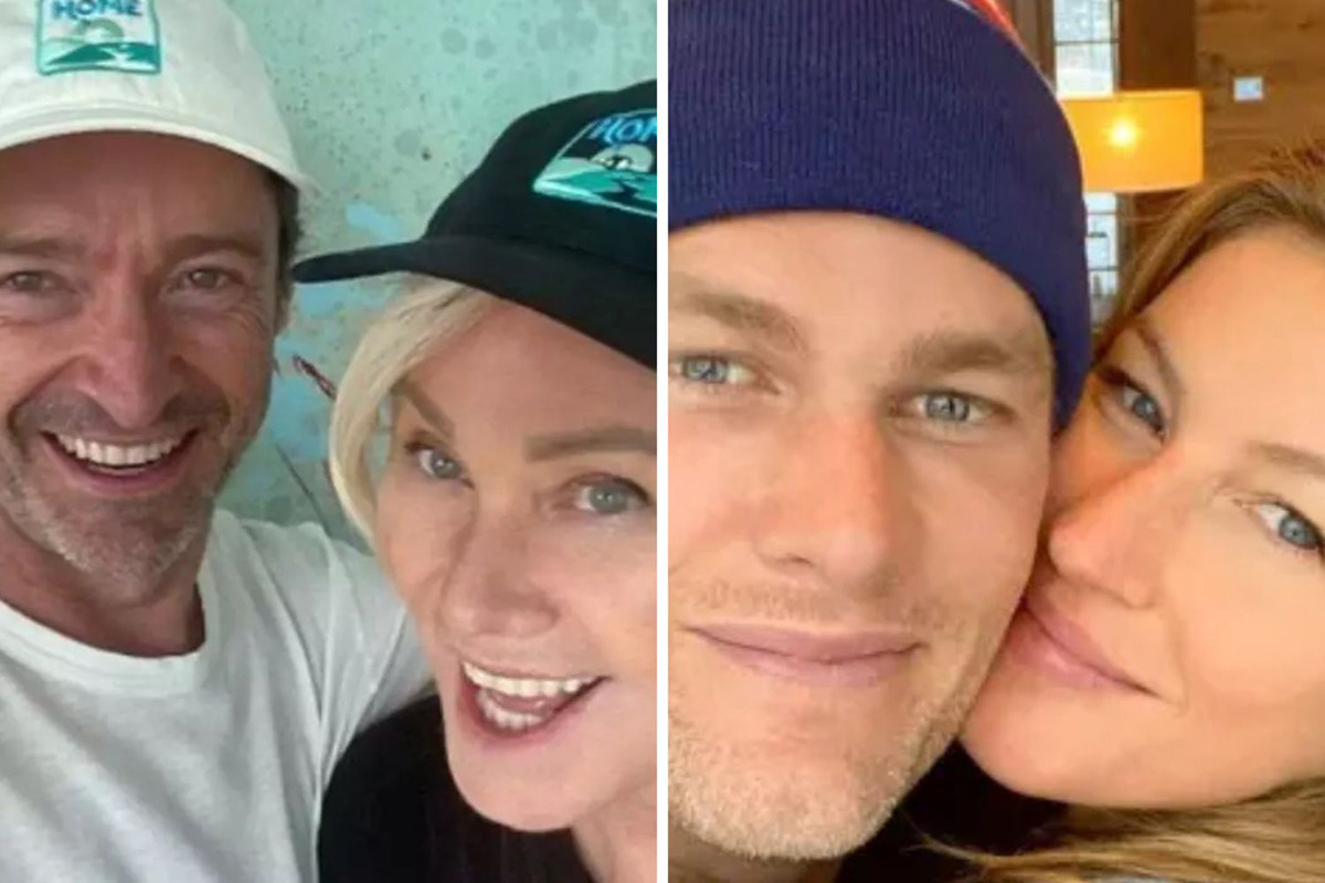 Fotomontagem Hugh Jackman e Deborra-Lee Furness, e Tom Brady e Gisele Bündchen