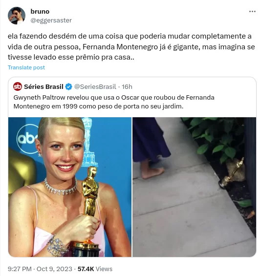 Tweet sobre a atitude de Gwyneth