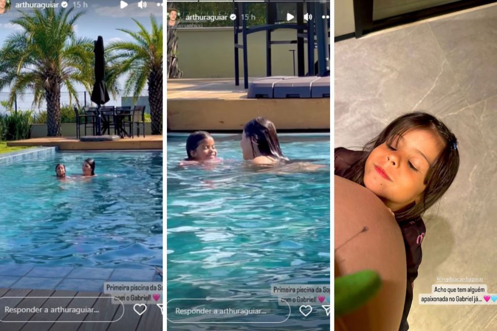 Arthur Aguiar mostra Jheny curtindo a piscina com Sophia