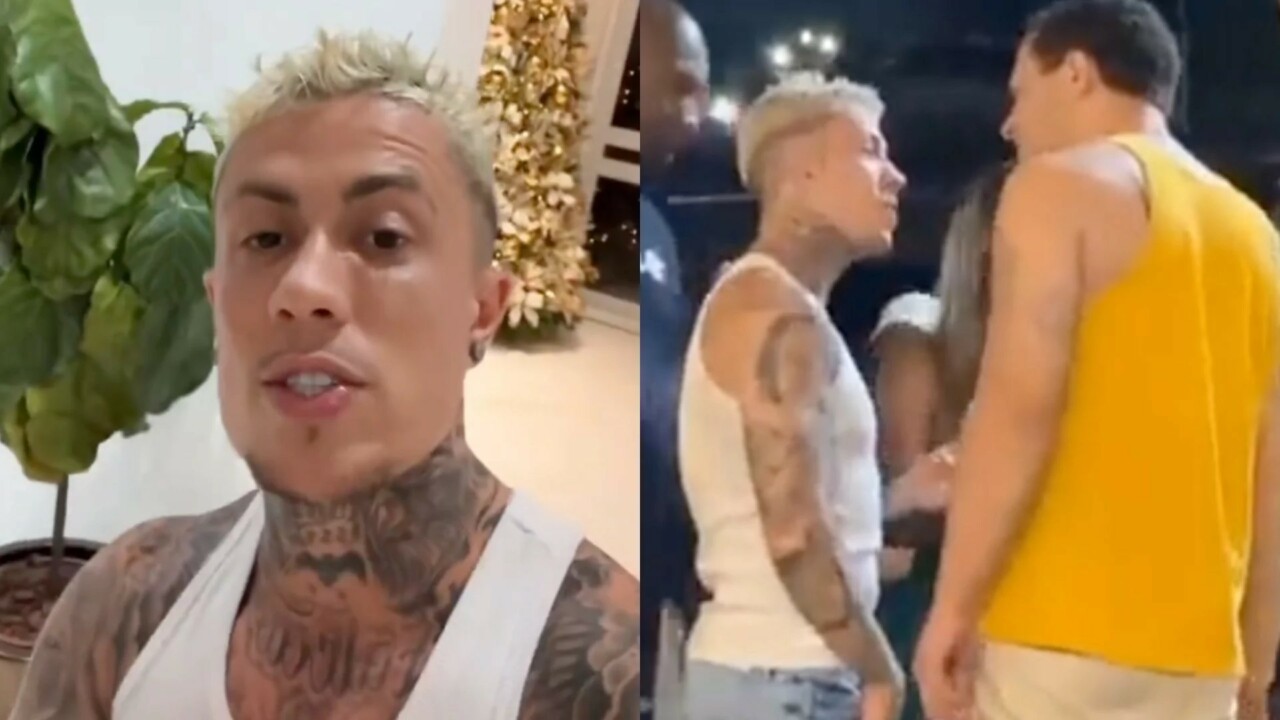 Mc Daniel leva cabeçada de homem, que apanha de seguranças do funkeiro