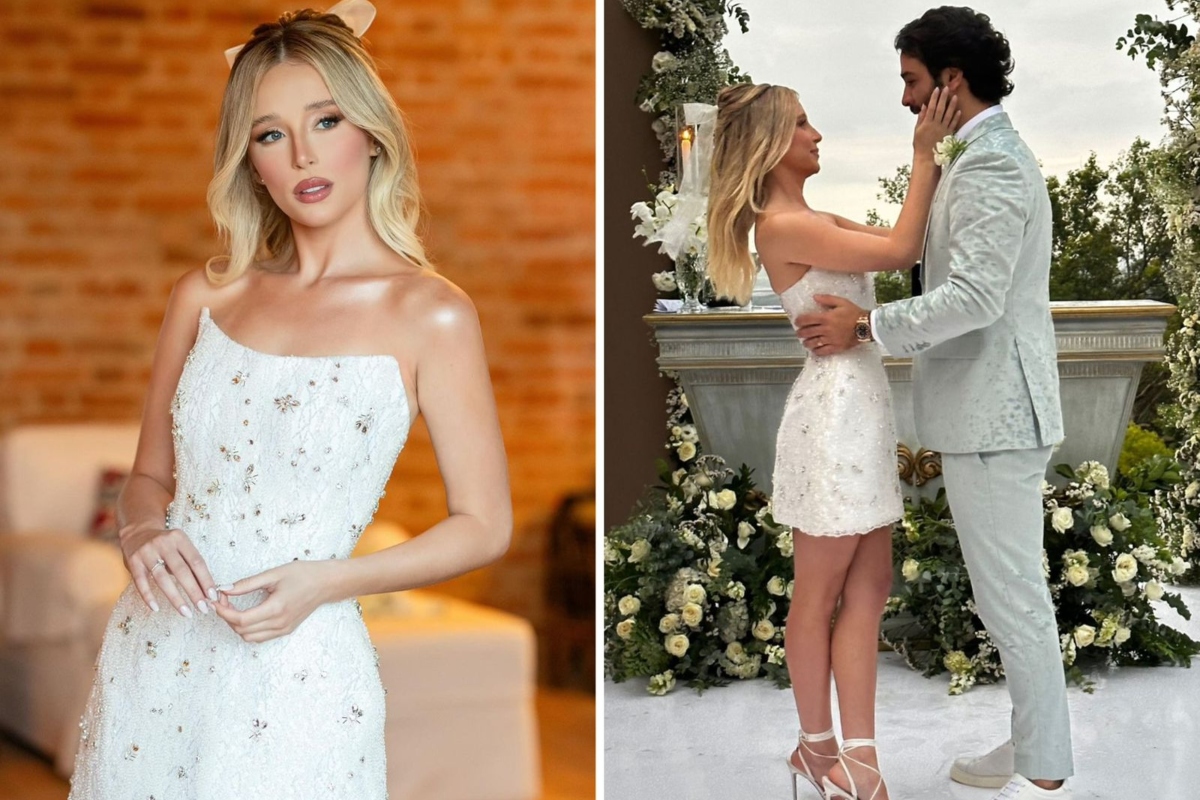 Duda Reis de vestido branco curto e o marido, Du Nunes, de terno cinza claro