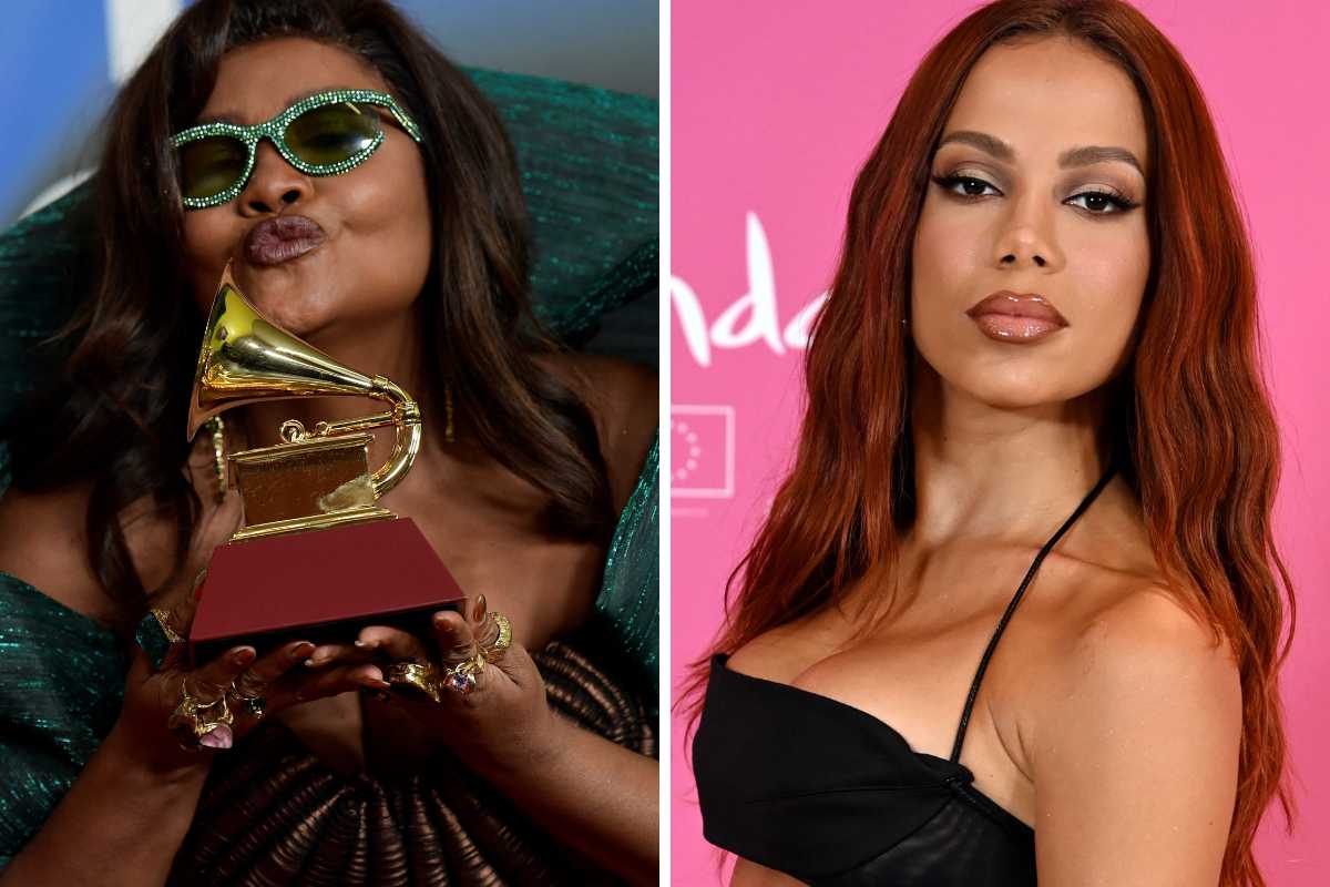 Fotomontagem de Gaby Amarantos com troféu e Anitta posando no tapete vermelho do Grammy Latino 2023