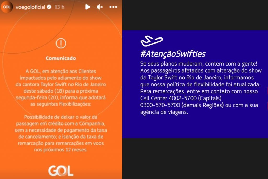 Gol e Latam soltam comunicados aos fãs de Taylow Swift